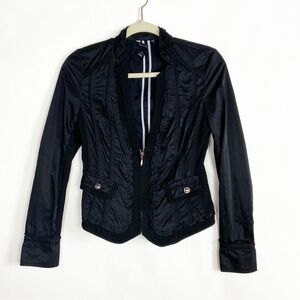 WHBM Ruffle Black Zip Cropped Long Sleeve Deep V Neck Nylon Lightweight Jacket